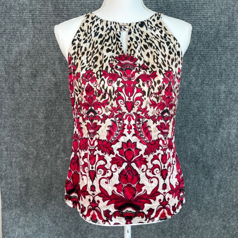 White House Black Market Silk Sleeveless Top Leopard Floral Print Ref Black Sz 6 - Picture 2 of 7